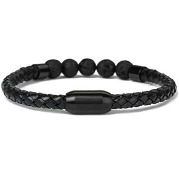 Ckysee Leather Beads Bracelet Magnetic Clasp Bracelet with Genuine Black Lava Stone Essential Oil Di...