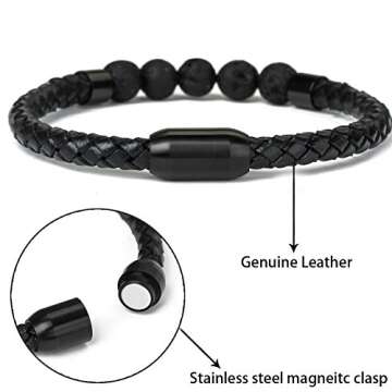 Ckysee Leather Beads Bracelet Magnetic Clasp Bracelet with Genuine Black Lava Stone Essential Oil Diffuser Best Gift for Men 8.5"