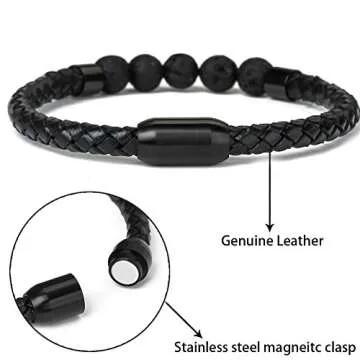Ckysee Leather Beads Bracelet Magnetic Clasp Bracelet with Genuine Black Lava Stone Essential Oil Diffuser Best Gift for Men 8.5"