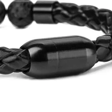 Ckysee Leather Beads Bracelet Magnetic Clasp Bracelet with Genuine Black Lava Stone Essential Oil Diffuser Best Gift for Men 8.5"