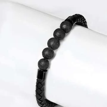Ckysee Leather Beads Bracelet Magnetic Clasp Bracelet with Genuine Black Lava Stone Essential Oil Diffuser Best Gift for Men 8.5"