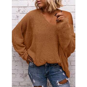BZB Women's V Neck Long Sleeve Knit Loose Oversized Pullover Sweater Top