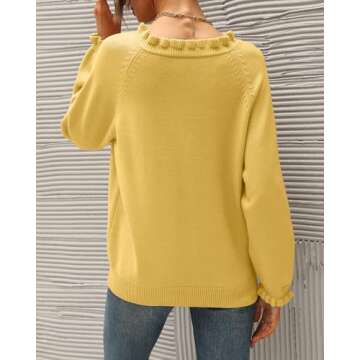 BTFBM Womens Sweaters Fall Winter Clothes 2025 Long Sleeve Button Down Ruffle Crew Neck Casual Knitted Pullover Tops(Solid Yellow, Medium)
