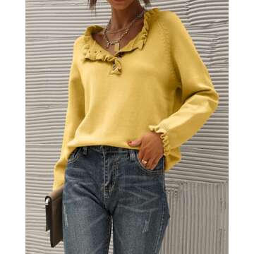 BTFBM Womens Sweaters Fall Winter Clothes 2025 Long Sleeve Button Down Ruffle Crew Neck Casual Knitted Pullover Tops(Solid Yellow, Medium)