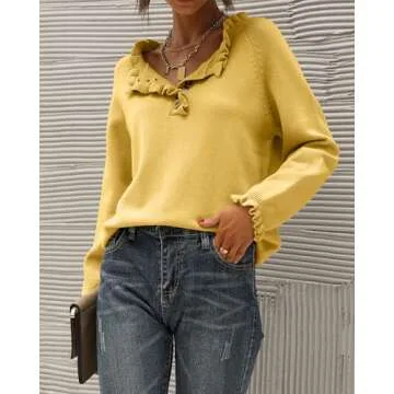 BTFBM Womens Sweaters Fall Winter Clothes 2025 Long Sleeve Button Down Ruffle Crew Neck Casual Knitted Pullover Tops(Solid Yellow, Medium)