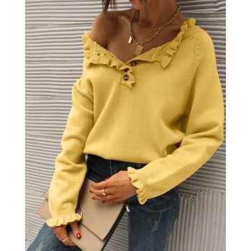 BTFBM Womens Sweaters Fall Winter Clothes 2025 Long Sleeve Button Down Ruffle Crew Neck Casual Knitted Pullover Tops(Solid Yellow, Medium)