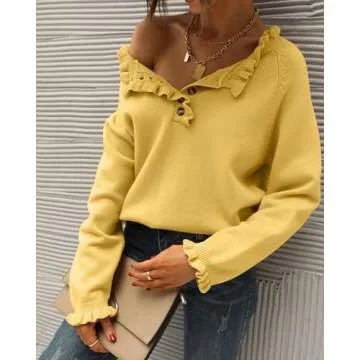 BTFBM Womens Sweaters Fall Winter Clothes 2025 Long Sleeve Button Down Ruffle Crew Neck Casual Knitted Pullover Tops(Solid Yellow, Medium)