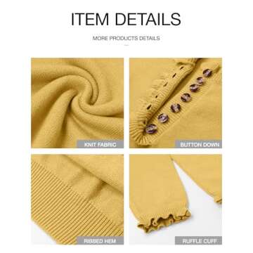 BTFBM Womens Sweaters Fall Winter Clothes 2025 Long Sleeve Button Down Ruffle Crew Neck Casual Knitted Pullover Tops(Solid Yellow, Medium)