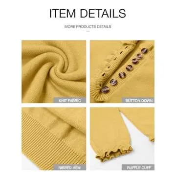 BTFBM Womens Sweaters Fall Winter Clothes 2025 Long Sleeve Button Down Ruffle Crew Neck Casual Knitted Pullover Tops(Solid Yellow, Medium)