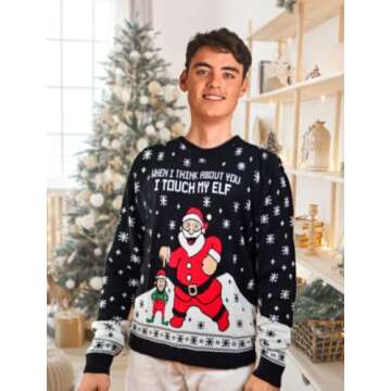 I Touch My Elf Funny Ugly Christmas Sweater for Men Women Santa Hilarious Xmas Adult Unisex Sweaters X-Large Multicolor