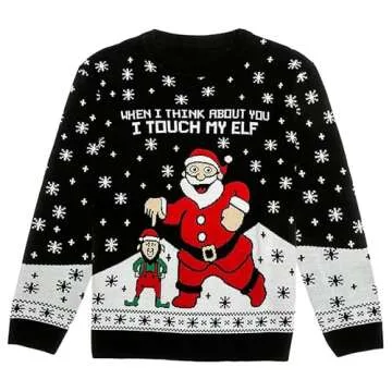 I Touch My Elf Funny Ugly Christmas Sweater for Men Women Santa Hilarious Xmas Adult Unisex Sweaters X-Large Multicolor