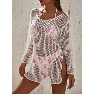 MakeMeChic Women's Crochet Cover Up Long Sleeve Knitted Beach Swimwear Cover Ups Dress White S