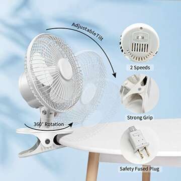 BEYOND BREEZE 6-inch Clip on Fan 2 Quiet Speeds Adjustable Tilt Table Fans with Steel Safety Grill, Ideal For The Home, Office, Dorm