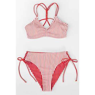 CUPSHE Women's Back Braided Straps Reversible Bottom Strappy Lace Up Bikini Sets, M Blue Stripe