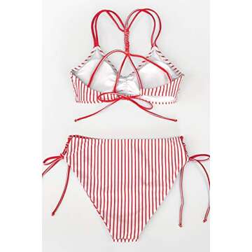 CUPSHE Women's Back Braided Straps Reversible Bottom Strappy Lace Up Bikini Sets, M Blue Stripe
