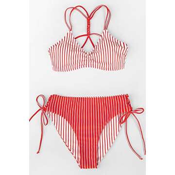 CUPSHE Women's Back Braided Straps Reversible Bottom Strappy Lace Up Bikini Sets, M Blue Stripe