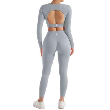 SUUKSESS Open Back Long Sleeve Scrunch Butt Booty Leggings Seamless Ribbed Workout Sets 2 Piece Outfits (#2 Grey, S)
