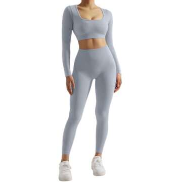 SUUKSESS Open Back Long Sleeve Scrunch Butt Booty Leggings Seamless Ribbed Workout Sets 2 Piece Outfits (#2 Grey, S)