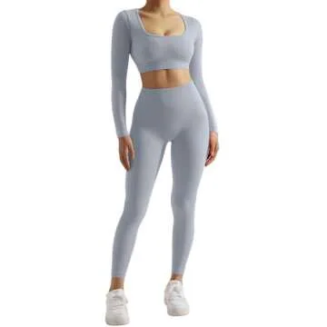 SUUKSESS Open Back Long Sleeve Scrunch Butt Booty Leggings Seamless Ribbed Workout Sets 2 Piece Outfits (#2 Grey, S)