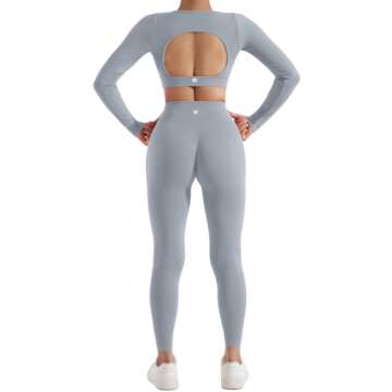 SUUKSESS Open Back Long Sleeve Scrunch Butt Booty Leggings Seamless Ribbed Workout Sets 2 Piece Outfits (#2 Grey, S)