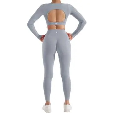 SUUKSESS Open Back Long Sleeve Scrunch Butt Booty Leggings Seamless Ribbed Workout Sets 2 Piece Outfits (#2 Grey, S)