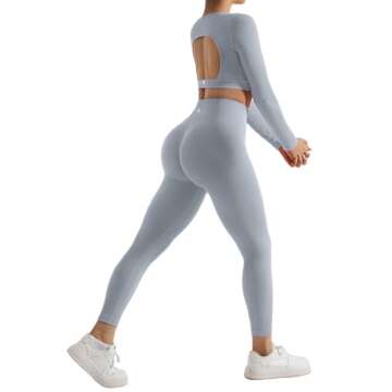 SUUKSESS Open Back Long Sleeve Scrunch Butt Booty Leggings Seamless Ribbed Workout Sets 2 Piece Outfits (#2 Grey, S)