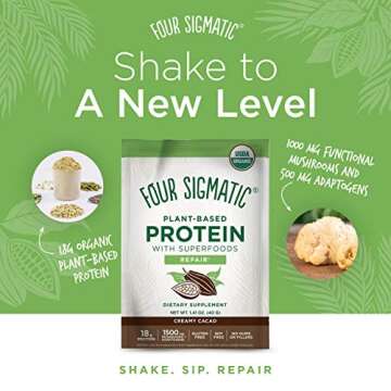 Four Sigmatic Creamy Cacao Superfood Protein Organic Plant-Based Protein with Chaga Mushroom & Ashwagandha | Supports Immune Function & Muscle Repair | Vegan, Gluten-Free, Dairy Free | 10 Count