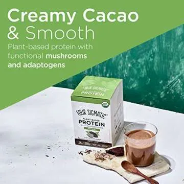 Four Sigmatic Creamy Cacao Superfood Protein Organic Plant-Based Protein with Chaga Mushroom & Ashwagandha | Supports Immune Function & Muscle Repair | Vegan, Gluten-Free, Dairy Free | 10 Count