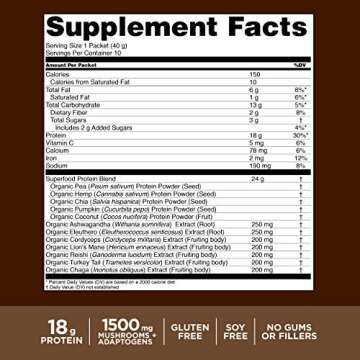 Four Sigmatic Creamy Cacao Superfood Protein Organic Plant-Based Protein with Chaga Mushroom & Ashwagandha | Supports Immune Function & Muscle Repair | Vegan, Gluten-Free, Dairy Free | 10 Count