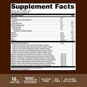 Four Sigmatic Creamy Cacao Superfood Protein Organic Plant-Based Protein with Chaga Mushroom & Ashwagandha | Supports Immune Function & Muscle Repair | Vegan, Gluten-Free, Dairy Free | 10 Count
