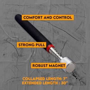 SE 30-inch Telescoping Magnetic Pick-Up Tool, Extendable Magnetic Wand Pickup Tool for Mechanics, Household, Office & Industry, Stainless Steel, Black Handle