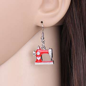 NEWEI Cute Sewing Machine Earrings Fashion Sewing Tools Jewelry For Women Gift Decoration Charms (Re...