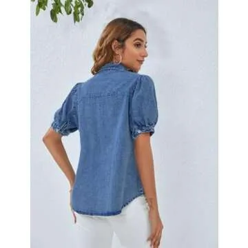 BMJL Women's Denim Work Blouse with Puff Sleeves