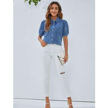 BMJL Women's Denim Work Blouse with Puff Sleeves