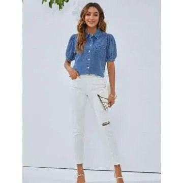 BMJL Women's Denim Work Blouse with Puff Sleeves