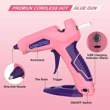 Cordless Glue Gun, BLEDS Rechargeable Fast Preheating Hot Glue Gun Kit with 2900 mAh Li-ion Battery 30 Pcs Colorful Glue Sticks Stand-Up Mini Hot Glue Gun No-Drip USB-C for DIY Gift Craft Decor