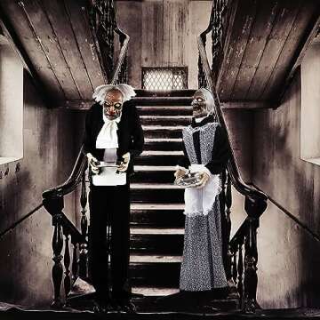 Haunted Hill Farm Life-Size Halloween Animatronic, Zombie Butler Holding Tray with Touch Activated Motion and Lights, Indoor or Covered Outdoor Halloween Decorations, Battery Operated Halloween Props
