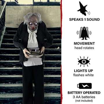 Haunted Hill Farm Life-Size Halloween Animatronic, Zombie Butler Holding Tray with Touch Activated Motion and Lights, Indoor or Covered Outdoor Halloween Decorations, Battery Operated Halloween Props