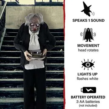 Haunted Hill Farm Life-Size Halloween Animatronic, Zombie Butler Holding Tray with Touch Activated Motion and Lights, Indoor or Covered Outdoor Halloween Decorations, Battery Operated Halloween Props