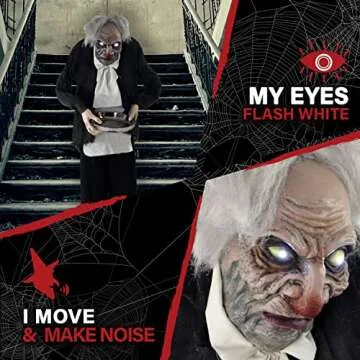 Haunted Hill Farm Life-Size Halloween Animatronic, Zombie Butler Holding Tray with Touch Activated Motion and Lights, Indoor or Covered Outdoor Halloween Decorations, Battery Operated Halloween Props