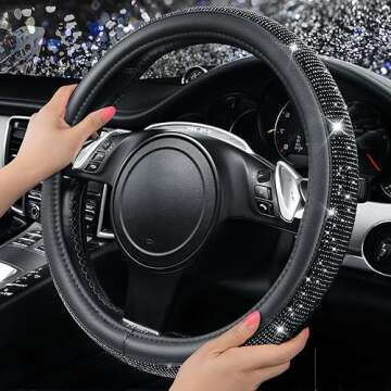 CAR PASS Bling Diamond Leather Steering Wheel Cover, With Sparkly Crystal Glitter Rhinestones Univer...