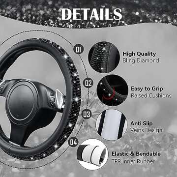 CAR PASS Bling Diamond Leather Steering Wheel Cover, With Sparkly Crystal Glitter Rhinestones Universal Fit 14"1/2-15" Car Wheel Protector for Women Girl Fit Suvs,Vans,Sedans,Car,Trucks, Black Diamond