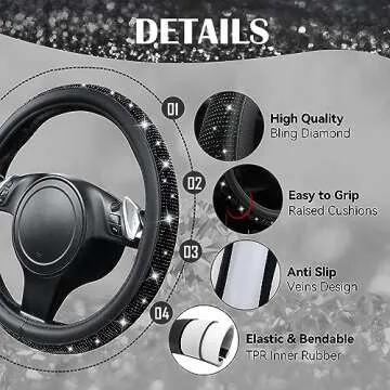 CAR PASS Bling Diamond Leather Steering Wheel Cover, With Sparkly Crystal Glitter Rhinestones Universal Fit 14"1/2-15" Car Wheel Protector for Women Girl Fit Suvs,Vans,Sedans,Car,Trucks, Black Diamond