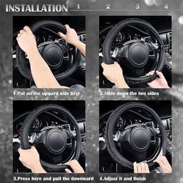 CAR PASS Bling Diamond Leather Steering Wheel Cover, With Sparkly Crystal Glitter Rhinestones Universal Fit 14"1/2-15" Car Wheel Protector for Women Girl Fit Suvs,Vans,Sedans,Car,Trucks, Black Diamond