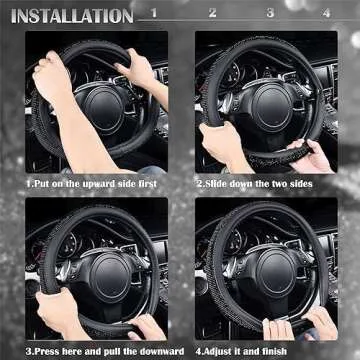 CAR PASS Bling Diamond Leather Steering Wheel Cover, With Sparkly Crystal Glitter Rhinestones Universal Fit 14"1/2-15" Car Wheel Protector for Women Girl Fit Suvs,Vans,Sedans,Car,Trucks, Black Diamond