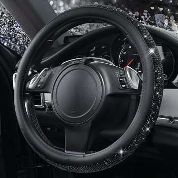 CAR PASS Bling Diamond Leather Steering Wheel Cover, With Sparkly Crystal Glitter Rhinestones Universal Fit 14"1/2-15" Car Wheel Protector for Women Girl Fit Suvs,Vans,Sedans,Car,Trucks, Black Diamond