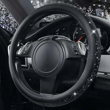 CAR PASS Bling Diamond Leather Steering Wheel Cover, With Sparkly Crystal Glitter Rhinestones Universal Fit 14"1/2-15" Car Wheel Protector for Women Girl Fit Suvs,Vans,Sedans,Car,Trucks, Black Diamond