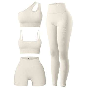 OQQ Women's 4 Piece Outfits Ribbed Exercise Scoop Neck Sports Bra One Shoulder Tops High Waist Shorts Leggings Active Set Beige1