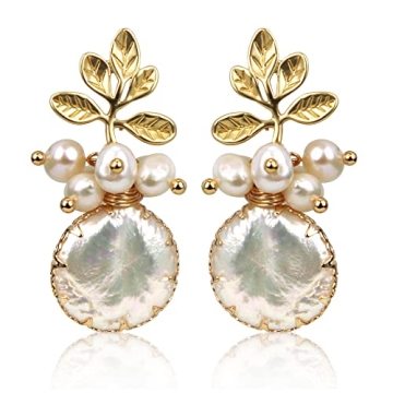 Zqhhyy 18K Gold Baroque White Big Pearl Drop Earrings - Handmade Trendy Comfy Real Freshwater Pearls