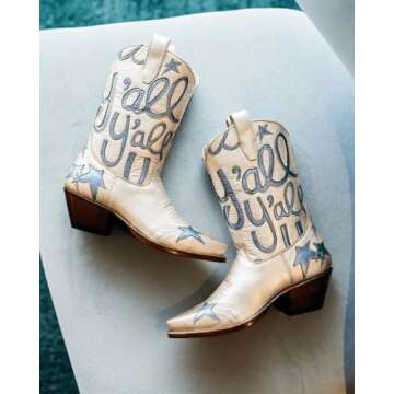 HOCHFART Metallic Cowboy boots for Women Mid Calf Low Heel Pointed Toe Womens Cowgirl Boots Fashion Embroidery Western Pull On Boots